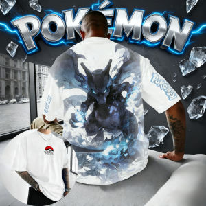 Bandai | 2025 Summer Poksammon Animation Brand 100%Cotton Charizard Printed T-shirt for Men and Children Harajuku Casual Short Sleeve Y2k