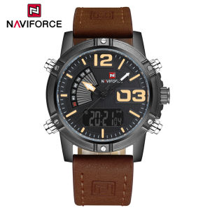 for Men Original Leather Strap Dual Display Waterproof Chronograph NAVIFORCE 3ATM Luminous Hand Wristwatch Brown Casual Watches