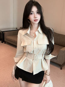 GUZILIAN | เสื้อเชิ้ตคอโปโลแขนสั้นทรงเข้ารูปสไตล์ฮ่องกงสำหรับผู้หญิง ทรงสลิมฟิต ทรงเข้ารูป เสื้อเชิ้ตแขนยาว 7 ส่วน ทรงเข้ารูป