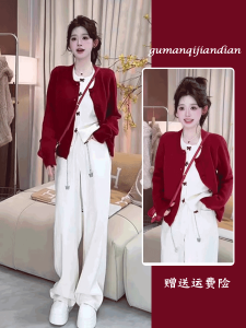 Korean Style Winter Fashion Set Christmas Theme Womens Clothing Long Sleeve round Neck Cardigan Polyester Fiber Home Wear