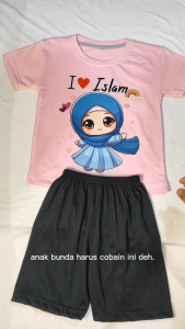 Setelan Baju Harian Islami Anak Perempuan - Kaos Anak Soleh Karakter Hijab Muslim Usia 1 - 10 Tahun