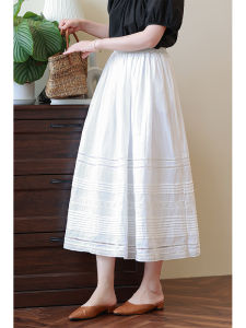 กระโปรงทรงเอเอวสูงผ้าลินินสีขาวปักลายดอกไม้โปร่งสบายสำหรับใส่ไปทำงานในฤดูใบไม้ผลิ กระโปรงทรงเอยาวคลุมเข่า