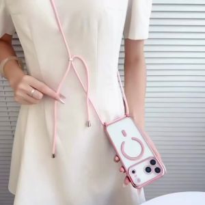 For iPhone 17 Air 16 15 Plus 14 Pro Max 13 12 11 Phone Case Necklace Lanyard Crossbody For Magsafe Magnetic Plating Clear Cover