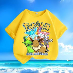 Bandai | Eevee Pokémon Cartoon Childrens Pure Cotton T-Shirt New Summer Style Round Neck Printed Short Sleeve Suitable Boys and Girls