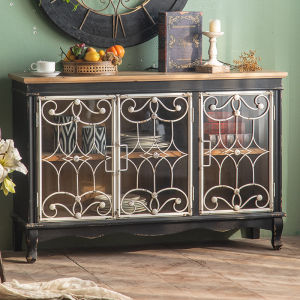 American Retro Entrance Cabinet Iron Wall Glass Door Cabinet Living Room Bedroom Curio Cabinet Dining Room Storage Sideboard Cabinet