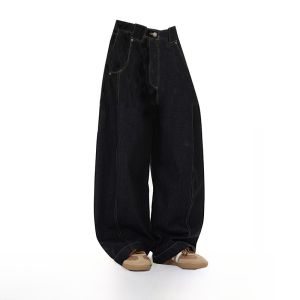 American Retro Denim Black Wide Leg Knife Edge Jeans Women Spring Autumn Design Loose Straight Floor Length Pants