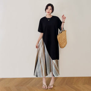 Váy Dài Tay Ngắn Kiểu Pháp Bằng Vải Satin Cỡ Lớn Cho Nữ Mùa Hè 2024 Dáng Chữ a Cổ Tròn Không Tay Váy Midi Dài