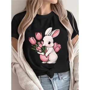Ladies Easter Bunny and Tulip Print T-shirt Casual Round Neck Pure Top Spring/summer Fashion Women Shirt Holiday Outfit