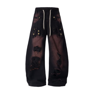 zuocisankon | Retro Washed Abraded Ripped Wide Leg Jeans