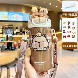 Cute Childrens Double Drink Straw Water Bottle School Thermal Cup Antibacterial Stainless Steel Inner Lid PP Outer Lid 520ml