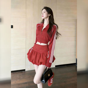 DANTING | Age-reducing Casual Sport Year-of-Birth Red Short Sweatshirt Skirt Set