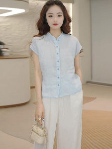 Linen Shirt Ruffle Collar Casual Commute Womens Style Summer New Arrival Korean Version Loose Fit Button Detail Short Sleeve