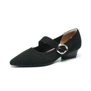 Pointed Toe Black High Heels Womens High-End Thick Heel Low Heels Anti-Slip Woven Wear-Resistant Large Size Womens Shoes