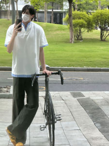 Summer Sporty Mens Polo Shirt Half Sleeve V-Neck Striped Patchwork Henry Collar Breathable Lightweight Fashionable T-Shirt