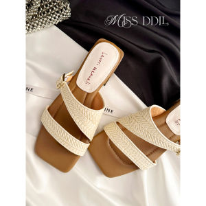 Miss DDLL Half Summer Memory ~ Straw Vacation Style Slippers Womens Outwear Plaid Flats All-Matching Beach Shoes Sandals