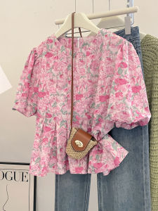 PAIBOLI | เสื้อเชิ้ตคอโปโลแขนสั้นสไตล์ฝรั่งเศสหวานๆ สำหรับผู้หญิง ลายดอกไม้สีชมพู ทรงเด็ก ลดอายุ เสื้อผ้าทำงานสไตล์เกาหลี