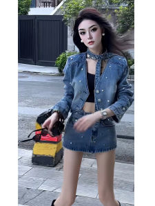 Spicy Girl Style Long Sleeve Denim Jacket High Waist Short Skirt Two Piece Set Womens Fashion Autumn New Button Design Streetwear