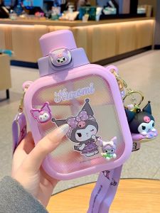 Cute Portable Square Straw Water Bottle for Girls Summer Student Children Anti-Fall Durable PC PP Material Water Cup with Cover