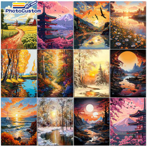 PhotoCustom Coloring By Numbers Natural Sunset Landscape Hand Paint Kits Canvas Autumn Winter Seasons Home Decoration DIY Gift