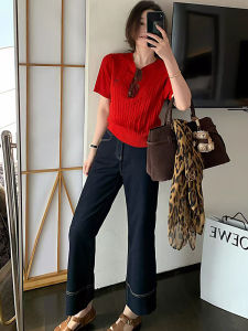 Quần Jeans Ống Thẳng Màu Xanh Đậm Cho Nữ Cỡ Lớn Quần Ống Rộng Ôm Dáng Quần Ống Rộng Chín Đơn Quần Jeans Denim