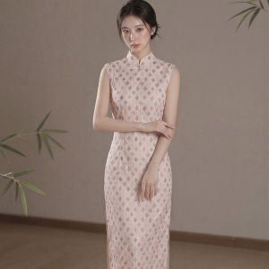 Retro Diamond Pattern Sleeveless Cheongsam Dress Elegant Breathable
