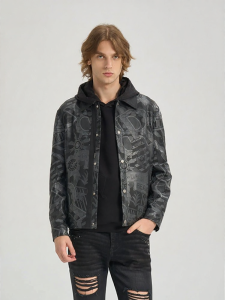 Rare | Theme Pattern Print Front Long Back Short Collar Leather Jacket