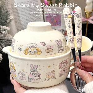 Rabbit Miss Star Dailu Cartoon Noodle Bowl Ceramic Large Capacity with Lid Dining Utensils Korean Style Student Dormitory Mug
