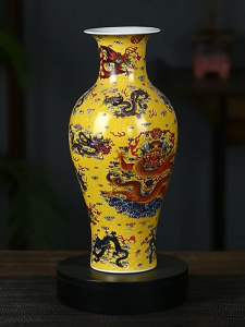 BÌNH HOA RỒNG VÀNG CỬU NGŨ CHÍ TÔN CAO 36cm GỐM SỨ GIẢ CỔ TẶNG ĐẾ GỖ