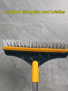 Floor Scrub Brush 2 in 1 Floor Brush Bathroom Brush Rotatable V-Shape Floor Tile Cleaning Brush for Indoor & Outdoor Use Long Handle Grout Brush Scrape Stiff Bristle Cleaning Scrub Brush with Squeegee and Hair Tweezer 90°Rotating Tile Brush