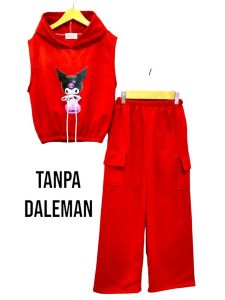 Setelan Kuromi  Anak Perempuan 3 in 1 Celana Cargo Kaos Combed 24s Iner Hoodie Gambar 3D 2 -12 tahun