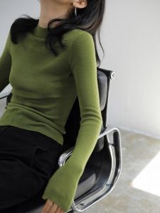 Womens Long Sleeve Crew Neck Knitwear Green Base Layer Shirt Stylish Inner Wear Commute Style Slim Fit Korean Version Top