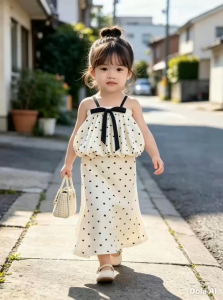Set áo dây đính nơ phối chân váy dang dài outfit cho bé gái (8-22kg) vải cotton 4d thun con dãn