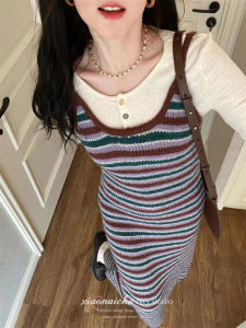 Retro Academic Style Color Block Stripe Knitted Halter Dress Womens Spring Autumn Slimming Long Dress Sweet High Waist A-Line Skirt