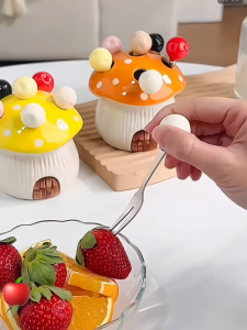 Cute Mushroom Fruit Fork Set Dessert Cake Stainless Steel Small Fork Storage Can Fruit Fork Home Decoration Kitchen Accessories