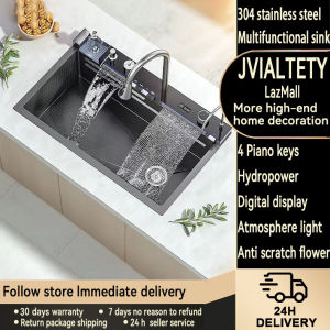 JVIALTETY stainless steel kitchen sink 4.0MM thickness digital display sink multi-function integrated waterfall sink top sink set