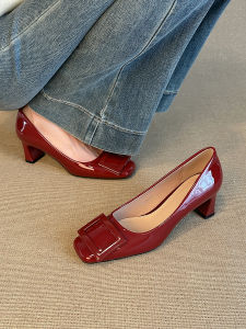 Red Wedding Shoes Square Head Thick Heel High Heels Comfortable to Wear Daily Shoes for Women Fairy Tale Style Butterfly Knot