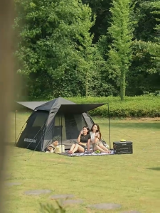 BLACKDOG BLACK Automatic Tent Outdoor Camping 3-4 Persons Portable Dome Tent Quick Opening Black Coating Vinyl Sunproof Waterproof Large Space Tent Camping Hiking Travel Picnic Heavy Duty Original Black Dog