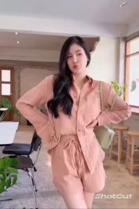 💰 Mahahengcloset💰เซต2ชิ้น ชุดคู่ผ้าฝ้ายเซตราคาถูก เสื้อเชิ้ตแขนยาว+กางเกงขาสั้น สม็อกด้านหลัง มินิมอลใส่ได้ทุกโอกาส แฟชั่นผู้หญิง แฟชั่นเกาหลี