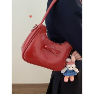 Summer Fashion Red Womens Underarm Bag Casual Crossbody Bag Versatile Daily Match Soft PU Leather Butterfly Knot Element