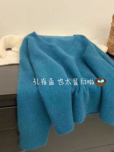 Blue V-Neck Bear Velvet Knitted Sweater Womens Loose Lazy Style Soft Short Overhead Top for Autumn Winter Outerwear