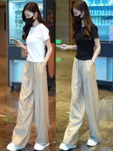 Casual Sport Summer Ice Silk Wide Leg Pants Short Sleeve T-Shirt Two Piece Set Women Fashion Simple Slim Fit Clothing Ensemble