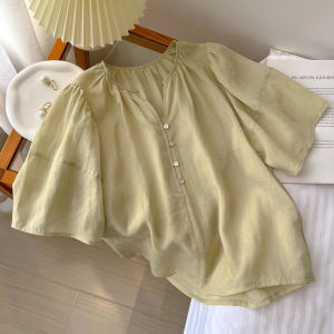 Zimo Qinghe French Style Loose Fit Cotton Linen Shirt for Women with Short Sleeves and V-Neck Casual Work Clothing