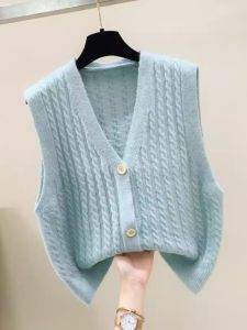 V-neck Knitted Vest Vest Outerwear Womens Spring and Autumn Korean Style Loose All-Matching Cardigan Casual Sweater Coat Vest Fashion