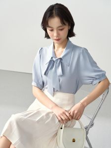 Miss Bird Blue Short Sleeve Chiffon Professional Formal Shirt Womens Teacher Interview Outfit Simple Style Loose Fit Polyester Fiber