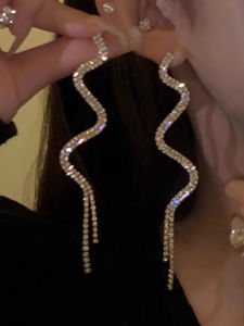 Long Snake Shaped Full Diamond Cold Style Fashionable Personality Trendy Long Fashion Earrings Elegant Thinming Stud Earrings