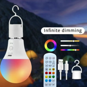 LED Rechargeable Light Bulb with Remote – RGB Color Changing Battery Operated E26 Base Built-in Hook for Portable Lighting