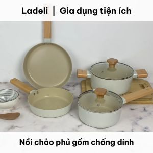 Nồi chảo phủ gốm chống dính đáy từ màu be cán gỗ dùng với bếp từ bếp gas hồng ngoại | Ladeli NC105
