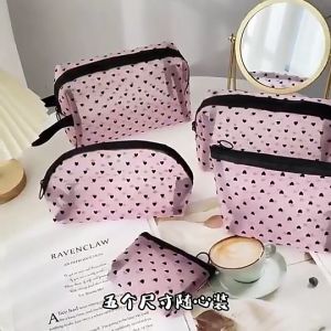 GOUPDO Heart Shaped Mesh Cosmetic Bag Pouch Lipstick Key Earphone Organizer Coin Purse Portable Nylon Makeup Storage Bag