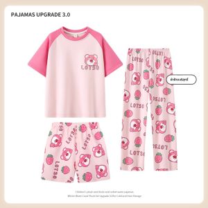 MiiOW | ชุดนอนเด็กผ้าฝ้าย 2025 ฤดูร้อนใหม่ น้ำหนักเบา ระบายอากาศได้ดี เสื้อแขนสั้น กางเกงขาสั้น ชุดอยู่บ้าน ชุดเด็กผู้หญิง ชุดสามชิ้น