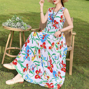 ชุดเดรสยาวผ้าไหมคอตตอนสไตล์วันหยุดฤดูร้อน กระโปรงชายหาด แขนกุด กระโปรงทรงเอ เอวสูง ความยาวปานกลาง สำหรับผู้หญิง